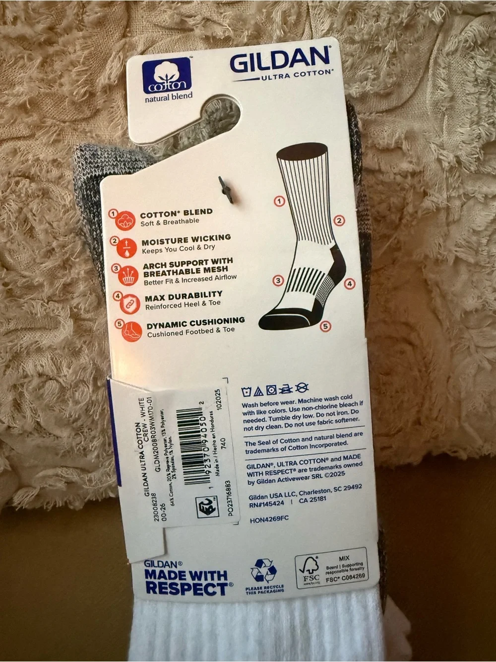Gildan White and Gray Crew Athletic Socks - Cushioned Support